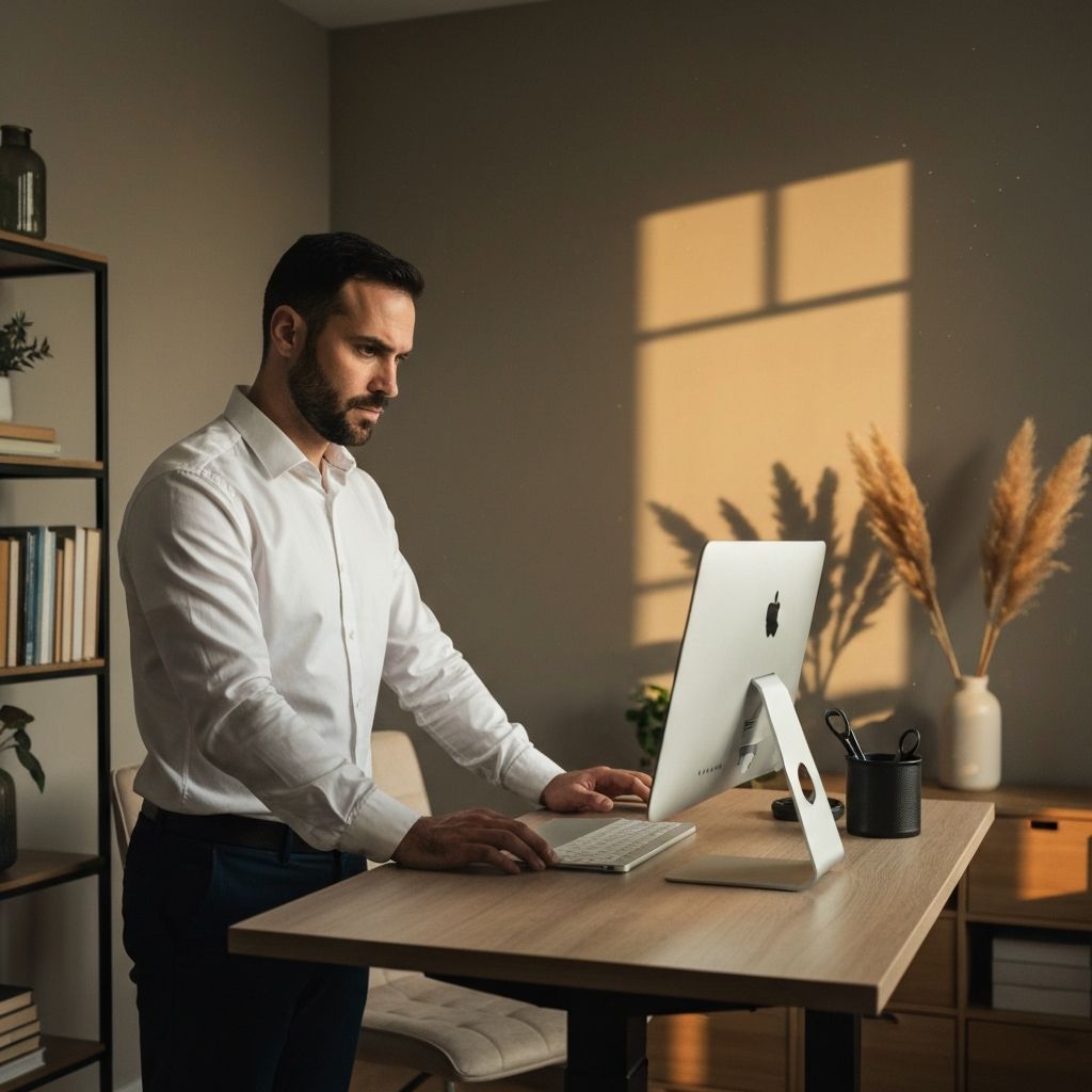 Homem trabalhando focado em mesa de pé