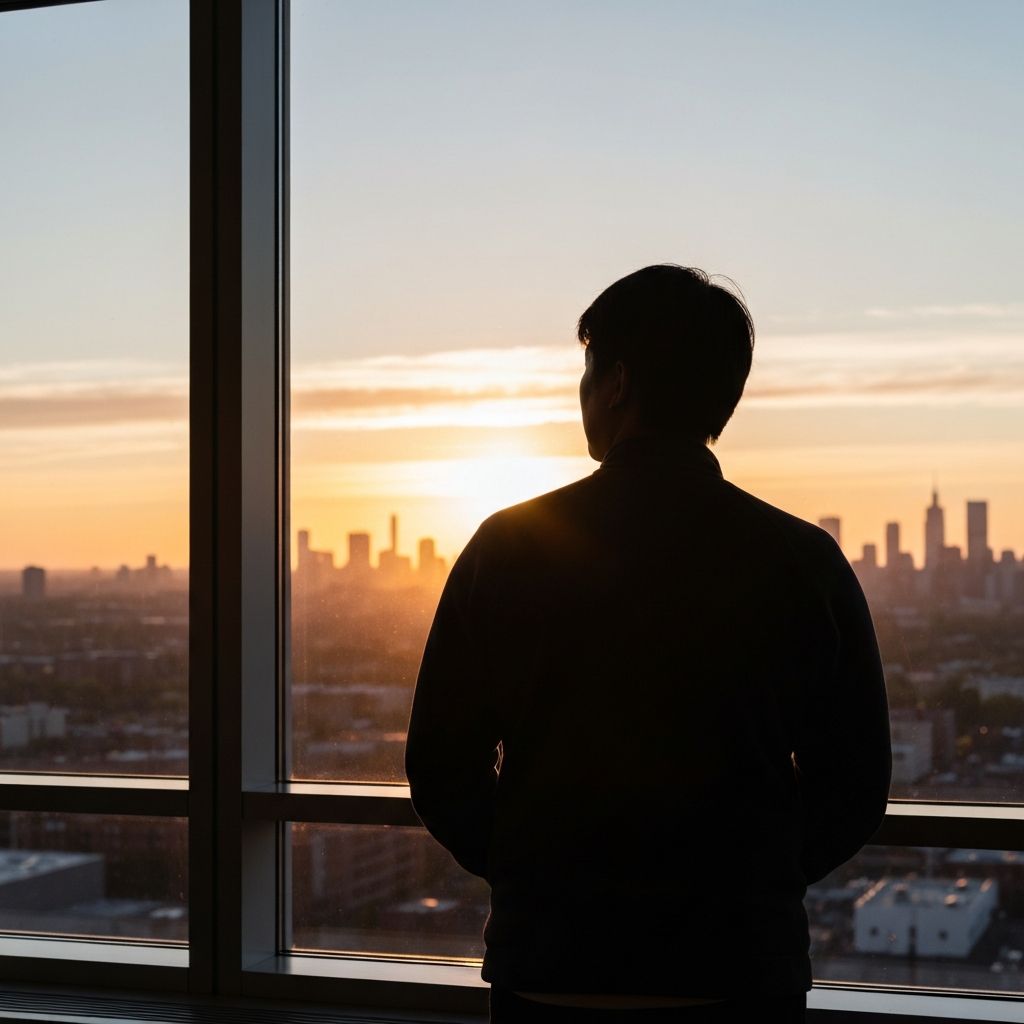 Pessoa contemplando o nascer do sol pela janela
