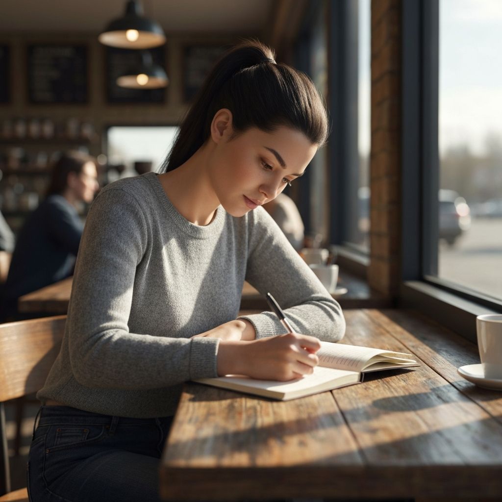 Pessoa escrevendo em um diário em uma cafeteria