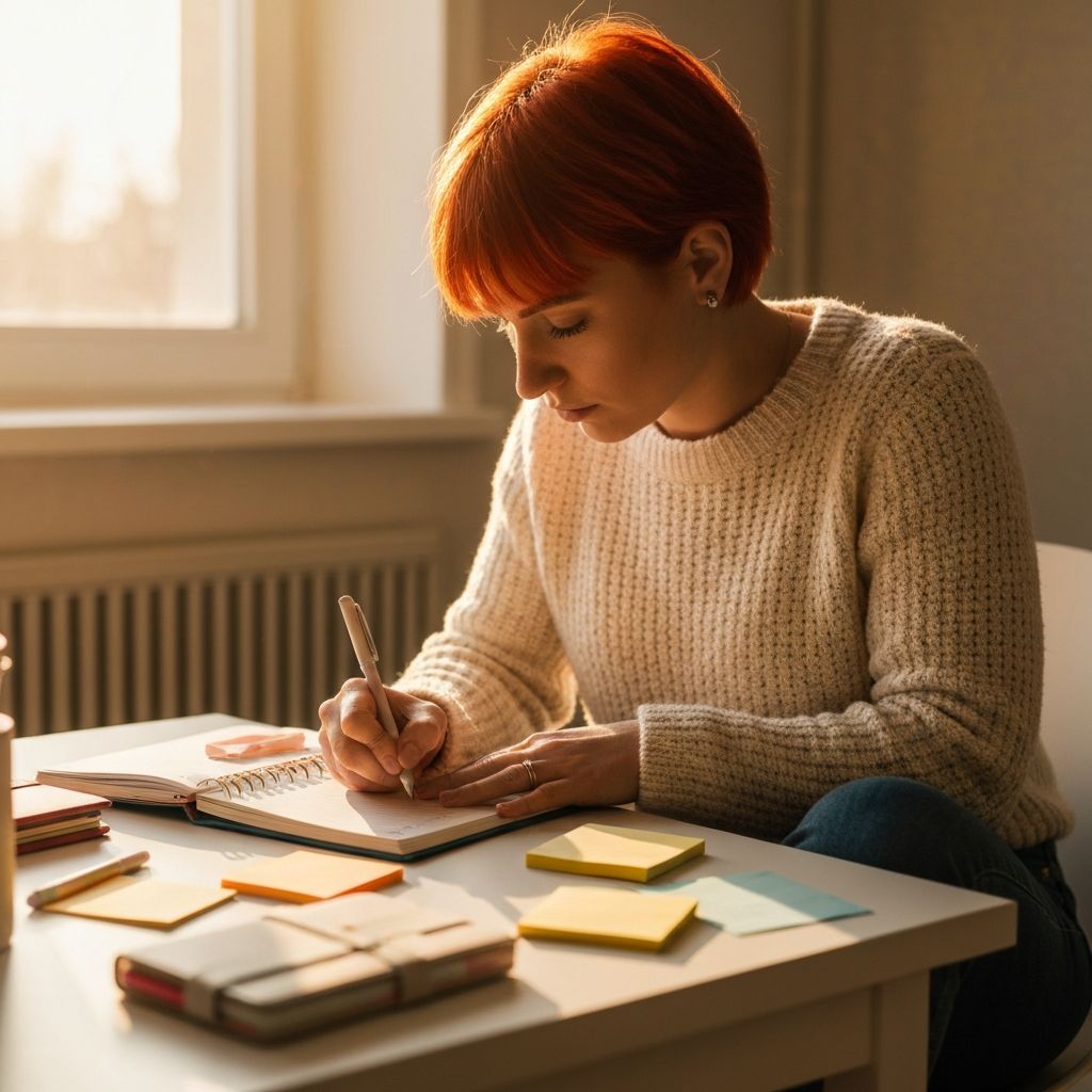 Pessoa escrevendo em diário, planejando seus objetivos